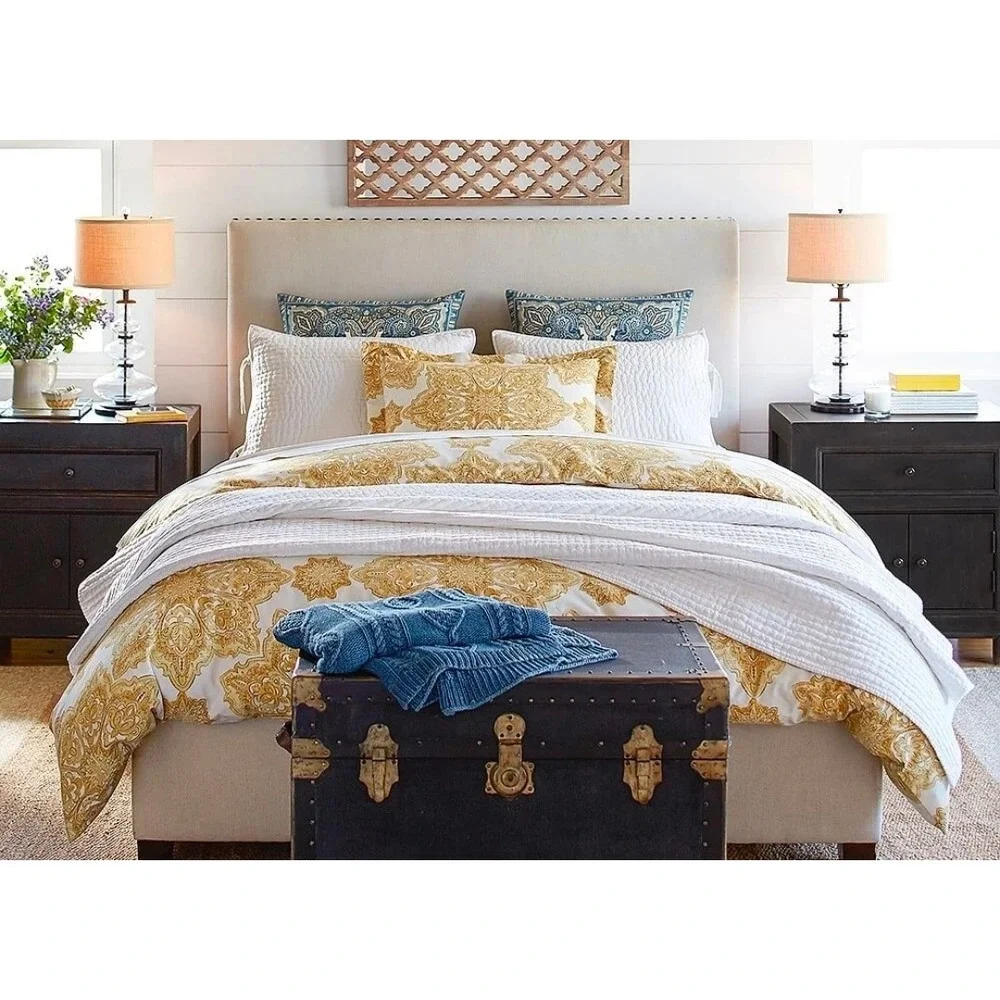 Pottery Barn King Duvet Cover Set 6pc, Gold Medallion 2 King & 3 Euro Shams Blue